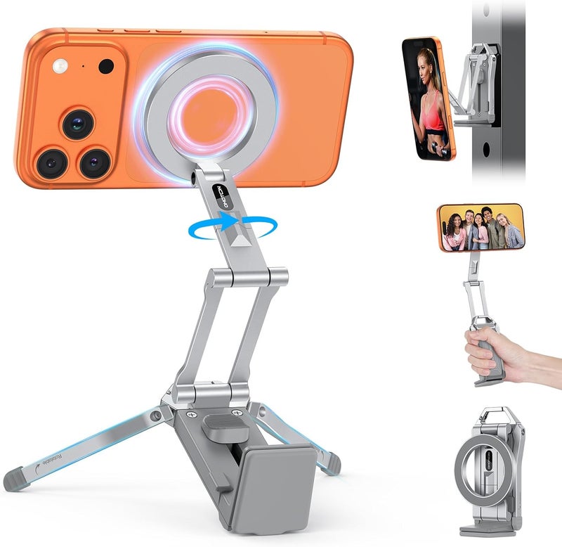 Omoton 360°Rotating for MagSafe Tripod Mount, Adjustable Aluminum Magnetic Phone Tripod for iPhone 17/16/15/14 Pro Max Air, Foldable Cell Phone Stand Fits Vlog, Gym, Travel Essentials, Silver - Image 1